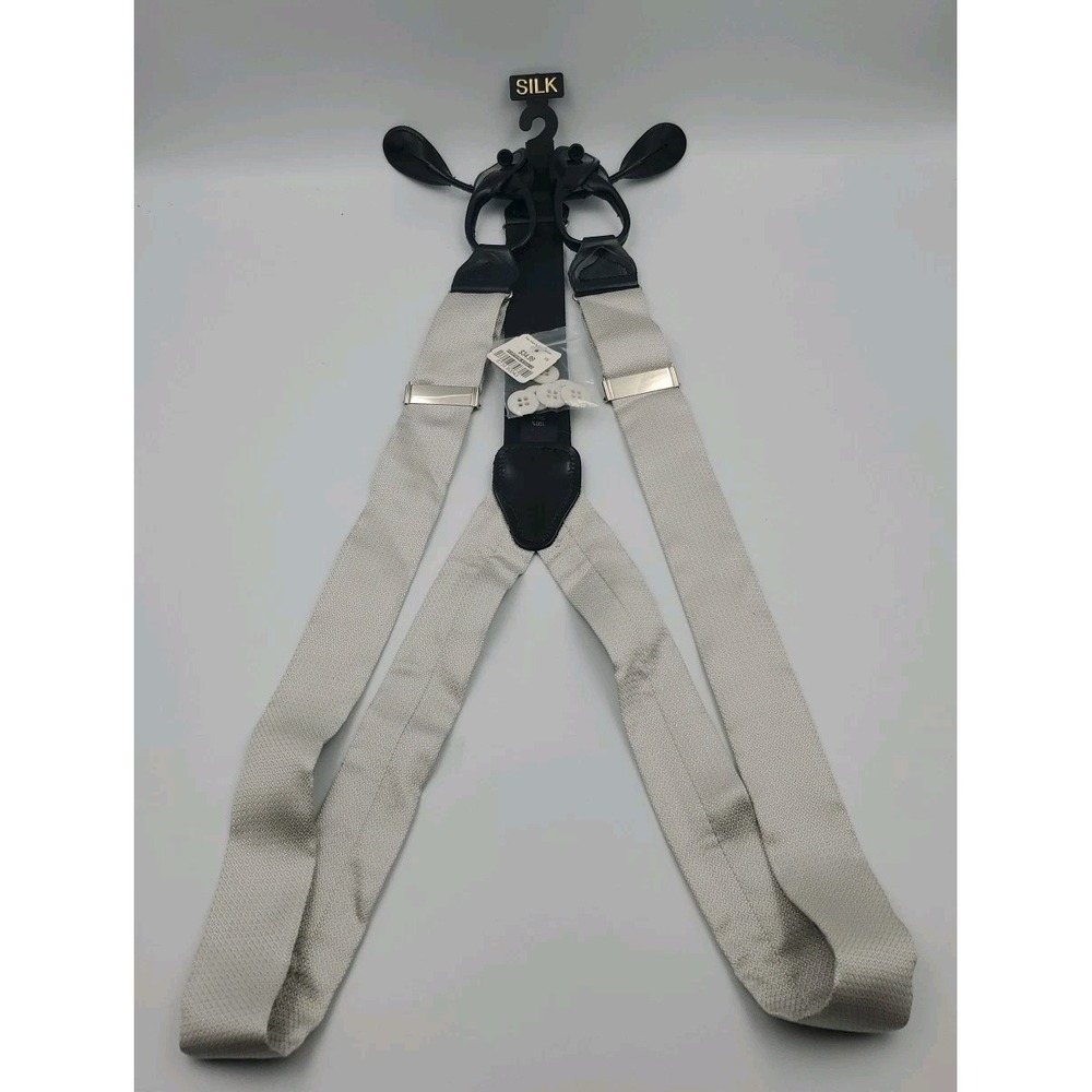 Men's Warehouse Silk Leather Button Suspenders Light Gray NEW